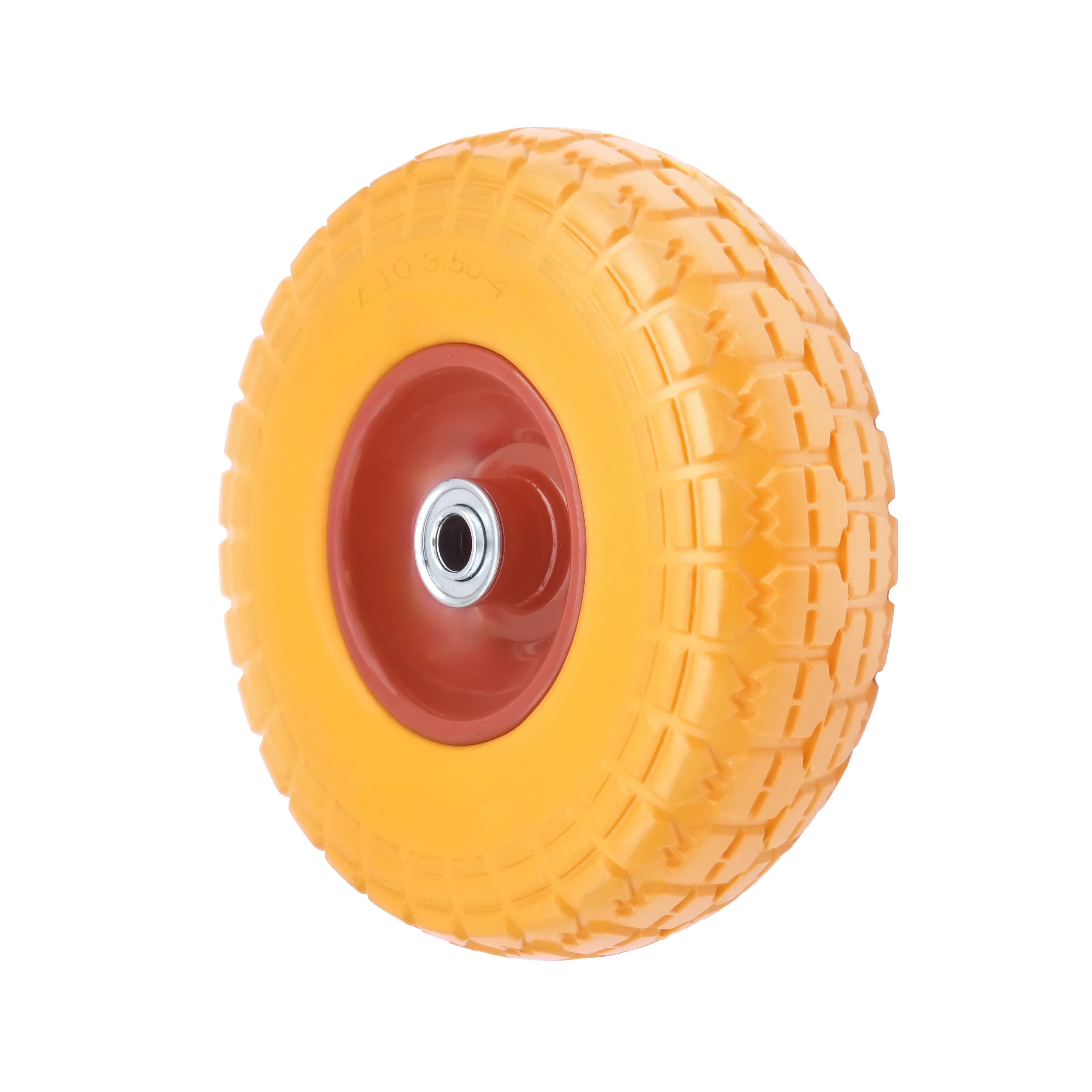 PU 1802-16 - Колесо для тачки / тележки полиуретановое бескамерное 4.10/3.50-4, сварной диск, диаметр 260 мм, ось 16 мм, металлический обод, симметричная ступица, шариковый подшипник